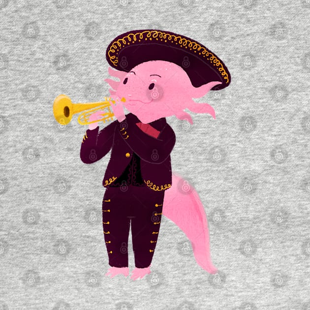 Axolotl with mariachi costume playing the trumpet, Digital Art illustration by KookyAngie